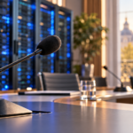 Microphone et serveurs informatiques — illustration générée par IA