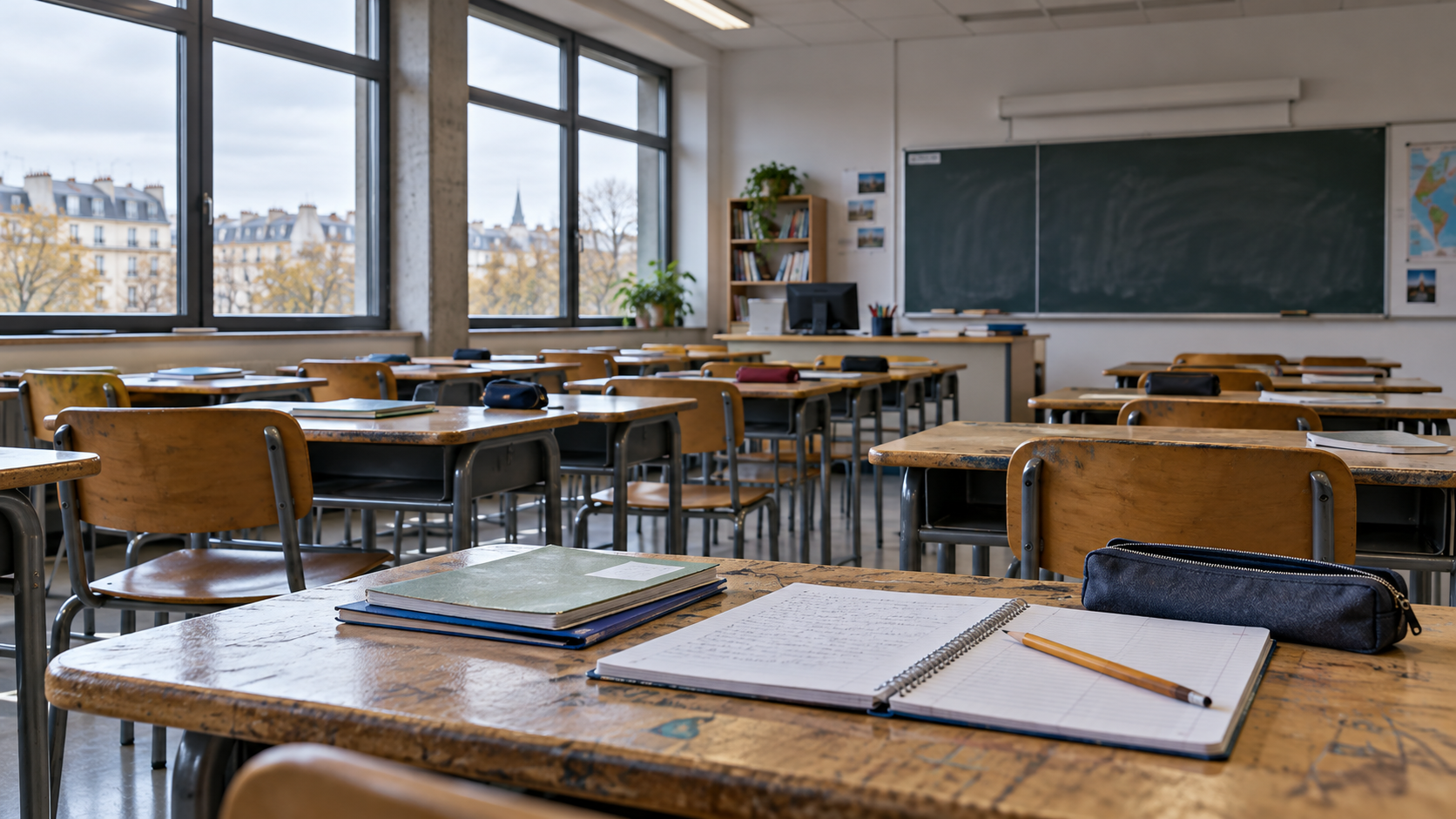 Salle de classe et fournitures — illustration générée par IA