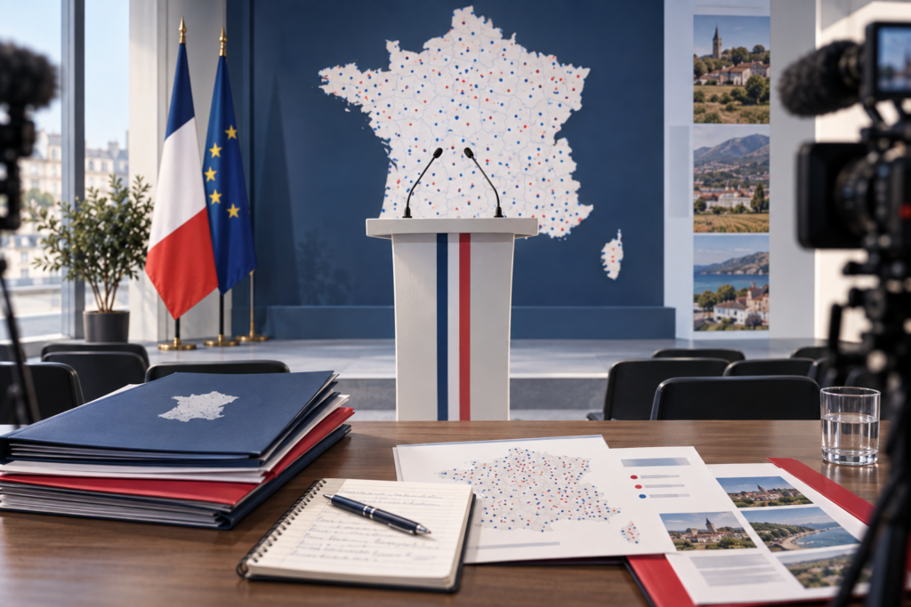Illustration d’une organisation de campagne présidentielle avec carte de France et pupitre