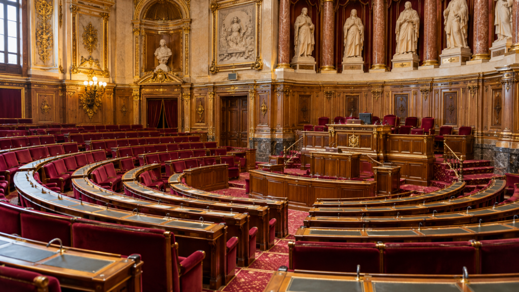 Hémicycle aux sièges rouges — illustration générée par IA