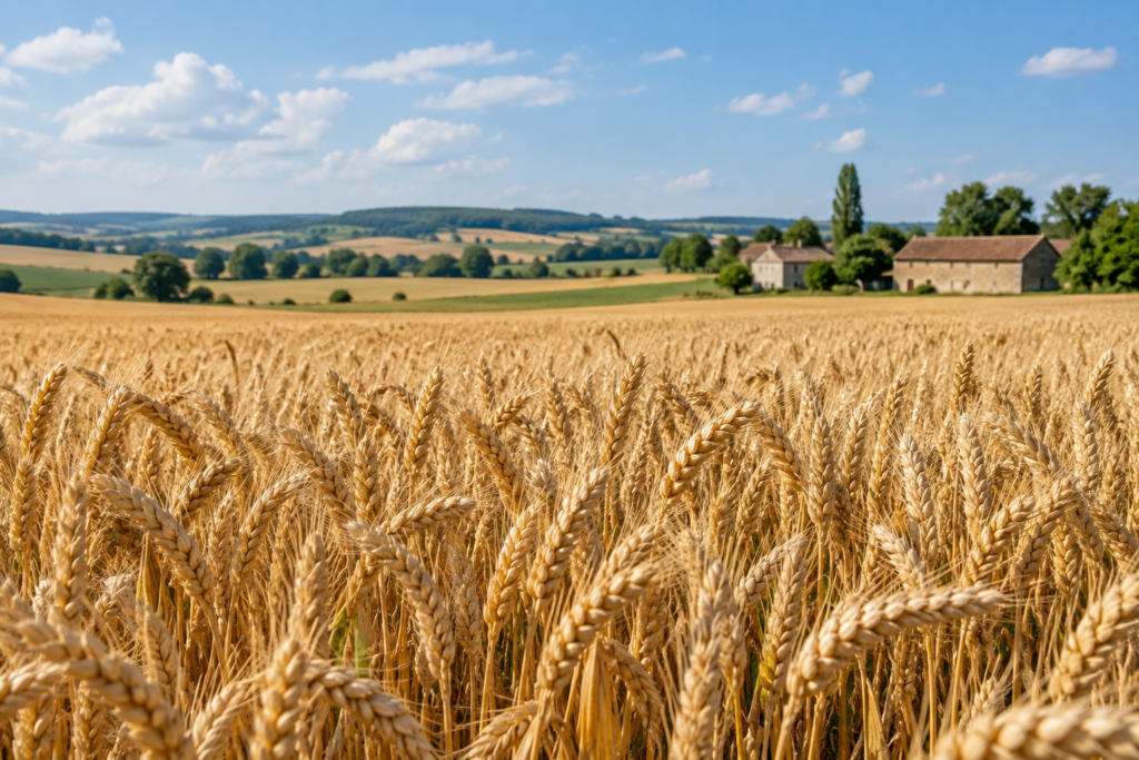Champ de blé et ferme — illustration générée par IA