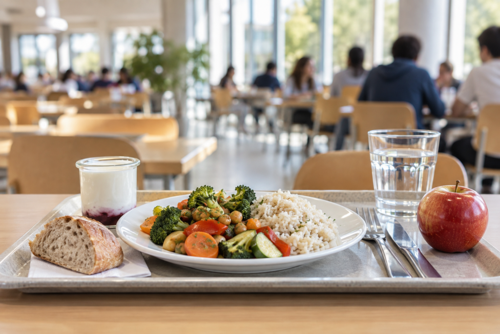 Plateau de repas dans un restaurant universitaire — illustration générée par IA