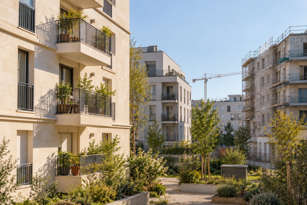Immeubles résidentiels et chantier de rénovation — illustration générée par IA