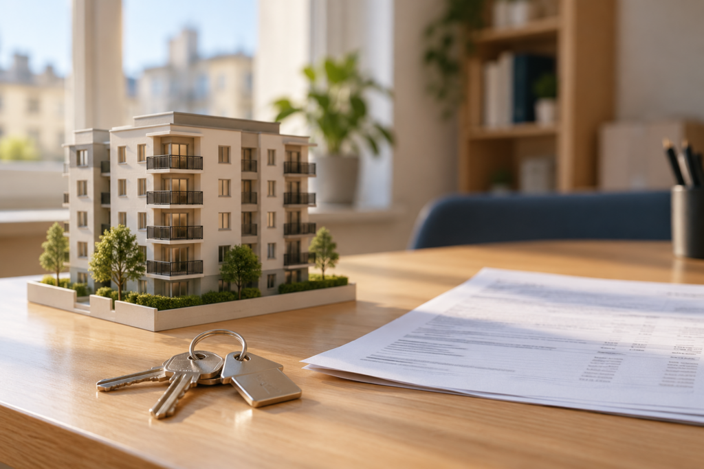 Maquette de logement, clés et document de salaire — illustration générée par IA