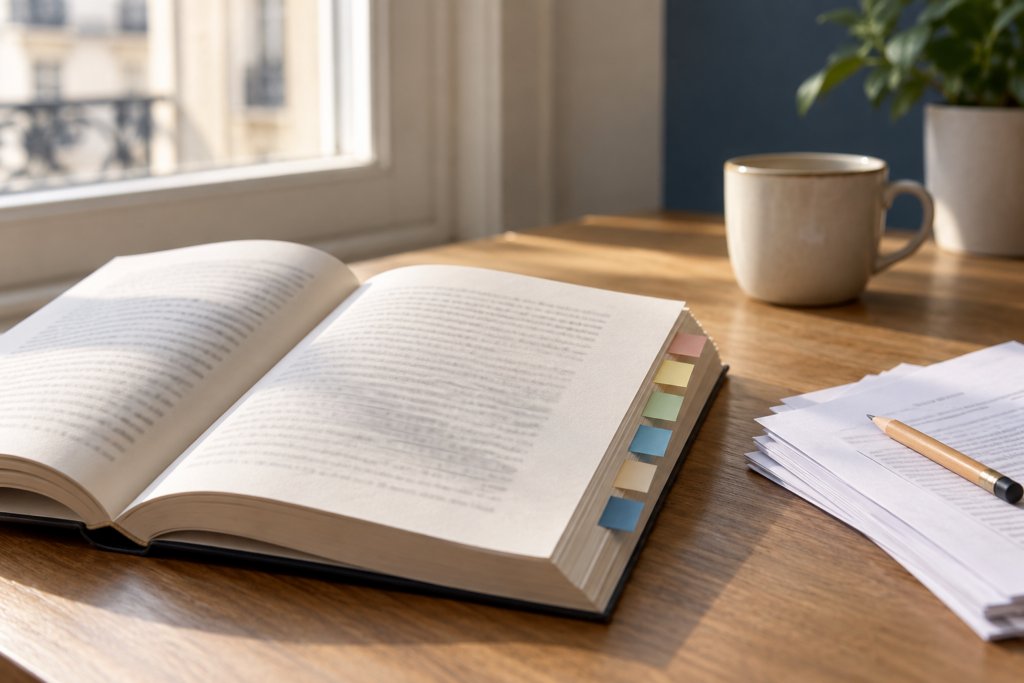 Manuscrit ouvert, intercalaires et crayon sur un bureau — illustration générée par IA