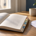 Manuscrit ouvert, intercalaires et crayon sur un bureau — illustration générée par IA