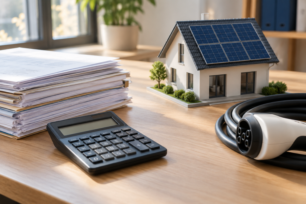 Calculatrice, documents budgétaires et maquette de maison solaire — illustration générée par IA