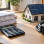 Calculatrice, documents budgétaires et maquette de maison solaire — illustration générée par IA